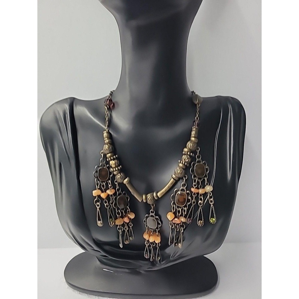 Vintage Artisian Style Boho Chandelier‎ Necklace Orange Beads Tassels Jewelry - Picture 4 of 11